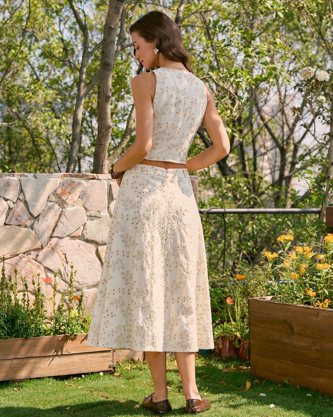 Beige V Neck Embroidery Tank Top