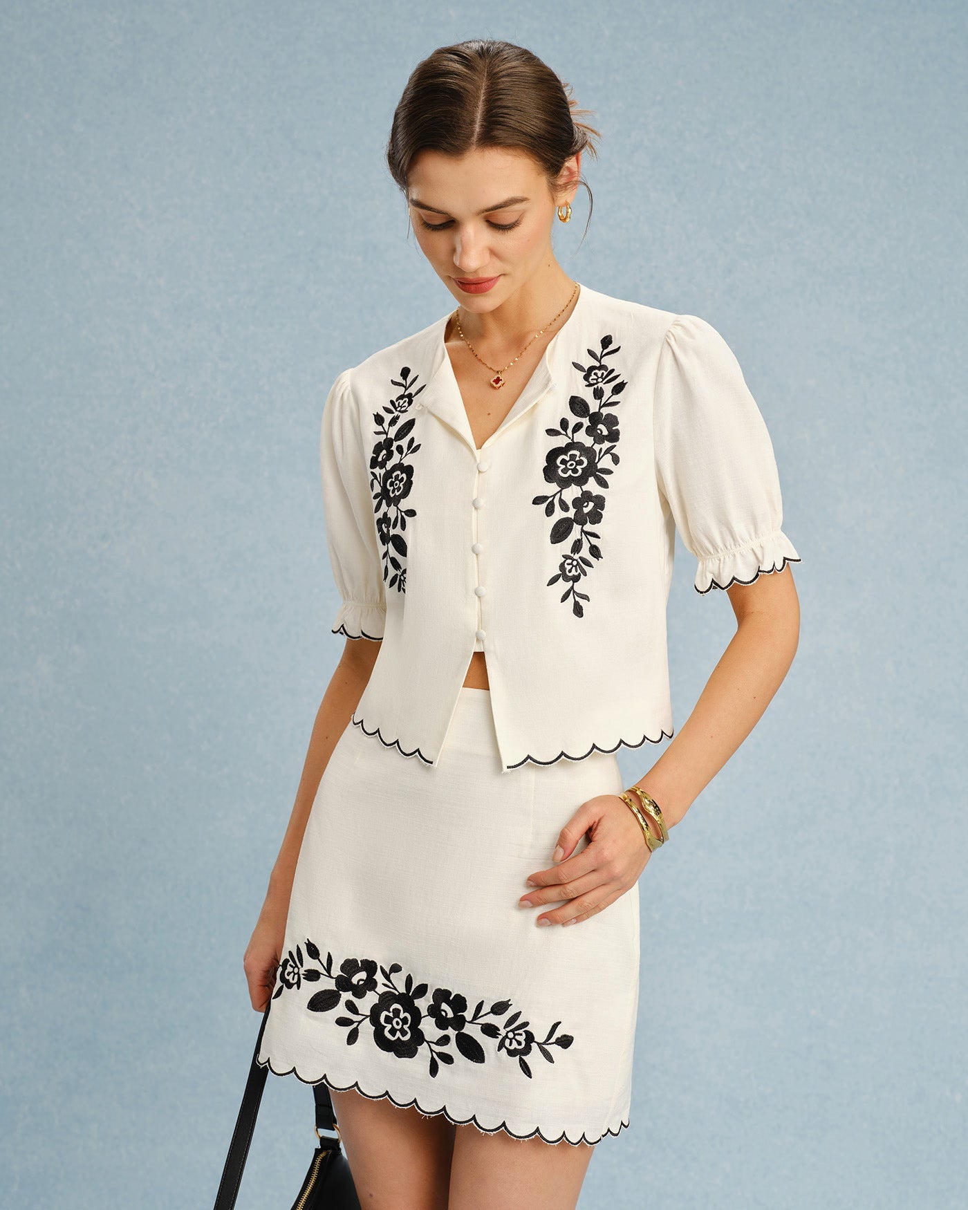 Beige Puffed Sleeve Embroidery Contrasting Blouse