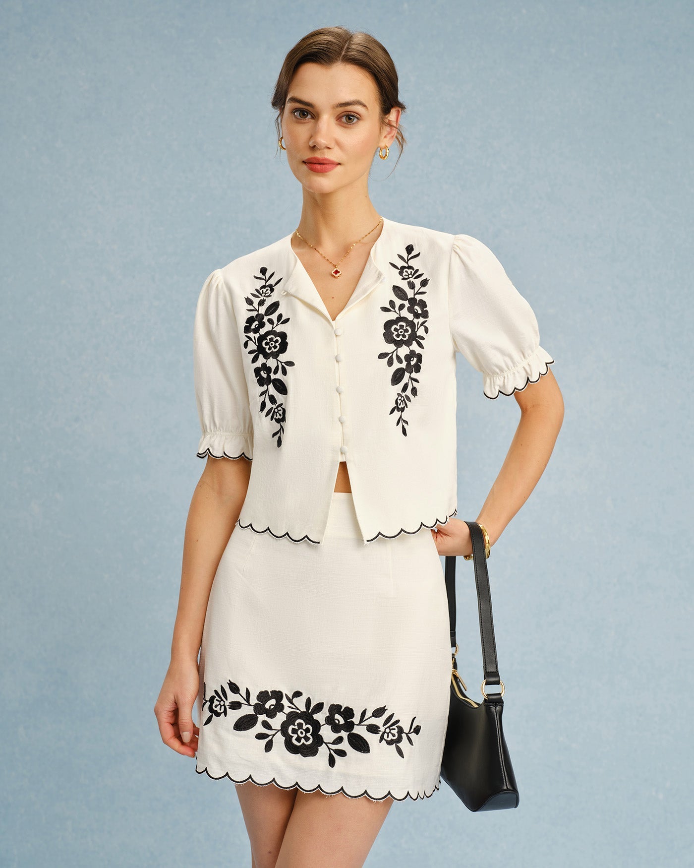 Beige Puffed Sleeve Embroidery Contrasting Blouse