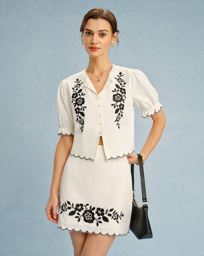 Beige Puffed Sleeve Embroidery Contrasting Blouse