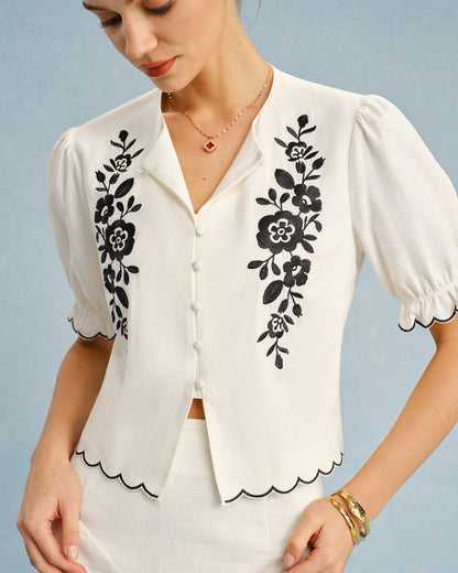 Beige Puffed Sleeve Embroidery Contrasting Blouse