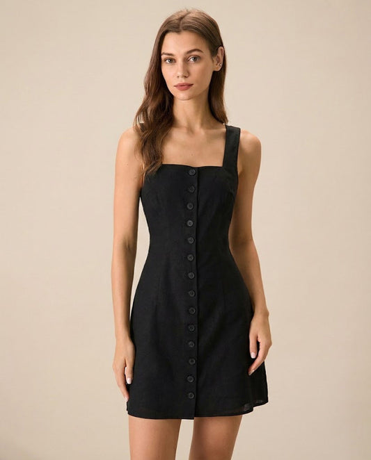 Black Button Square Neck Mini Dress
