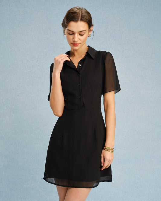 Black Button Collar Mini Dress