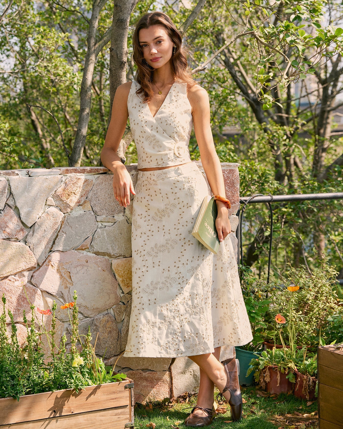 Beige V Neck Embroidery Tank Top