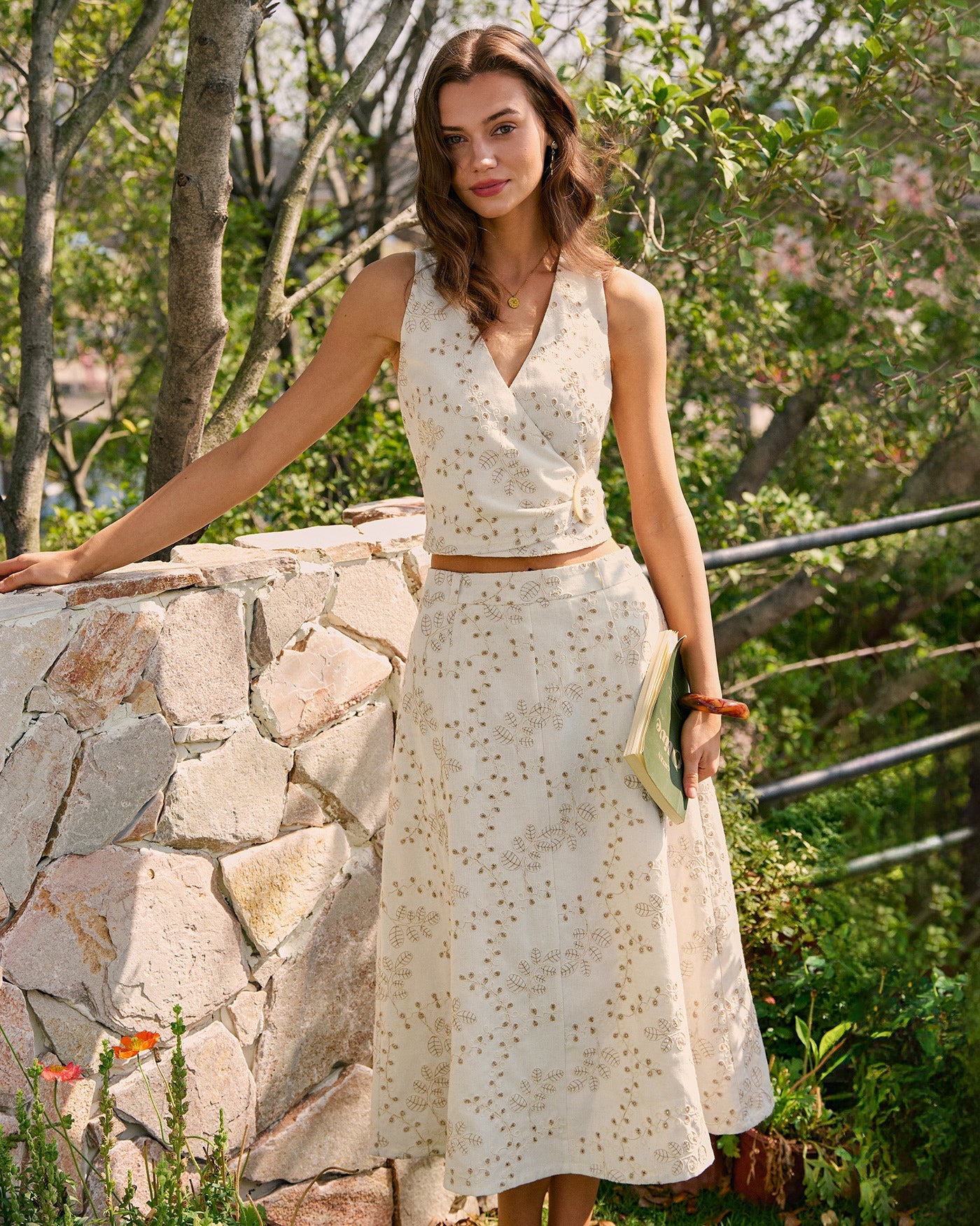 Beige V Neck Embroidery Tank Top