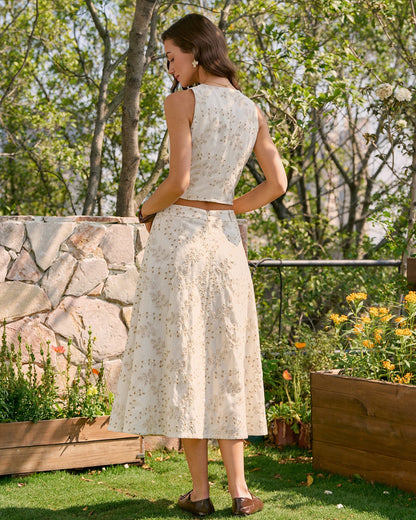 Beige V Neck Embroidery Tank Top